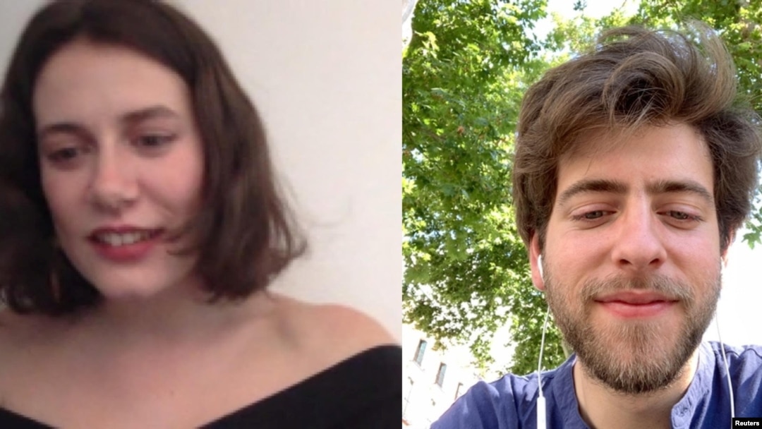 FILE - Andrea Chabant Sanchez in Madrid, Spain and his girlfriend, Emma in Normandy, France, video chat on Jan. 30, 2020. (ANDREA CHABANT SANCHEZ/Handout via REUTERS )