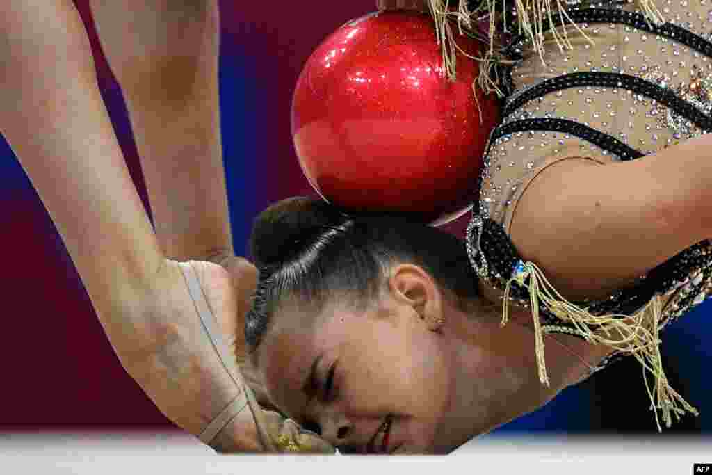 Russia's Dina Averina competes in the Individual Multiple event of the Rhythmic Gymnastics at the 2019 European Games in Minsk, Belarus, June 22, 2019.