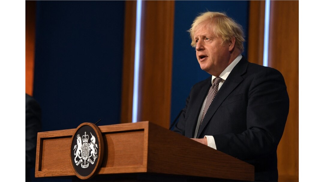 FILE - Britain's Prime Minister Boris Johnson speaks at the Downing Street Briefing Room in London, July 5, 2021.