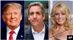 FILE - Combination photo shows (L-R) President Donald Trump, attorney Michael Cohen and adult film actress Stormy Daniels.
