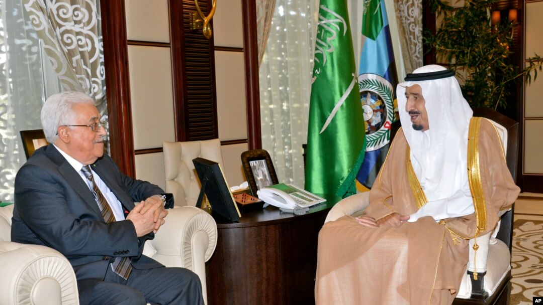 Palestinian President Mahmoud Abbas, left, meets with Saudi Arabia's Crown Prince Salman bin Abdulaziz in Jeddah, Saudi Arabia, Wednesday, June 18, 2014. Abbas said his forces are helping in the search for three Israeli teens missing in the West Bank.