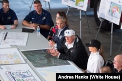 President Donald J. Trump and First Lady Melania Trump, joined by Texas Governor Greg Abbott, FEMA Administrator William “Brock” Long and representatives of the Red Cross, U.S. Coast Guard, local law enforcement and utility company officials, attend a bri