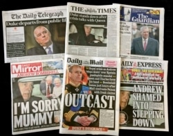 FILE - A combination photo of the front-pages of British newspapers headline the scandal surrounding Britain's Prince Andrew, Nov. 21, 2019.