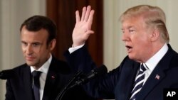 El presidente Donald Trump ofreció una conferencia de prensa junto al presidente francés, Emmanuel Macron en la Casa Blanca, el martes, 24 de abril, de 2018. 
