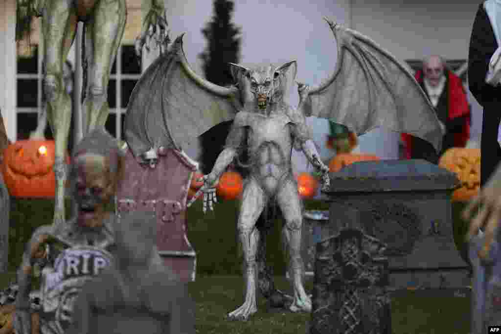 A home in the Hancock Park neighborhood of Los Angeles, California, is decorated for the annual Halloween holiday, Oct. 29, 2022.