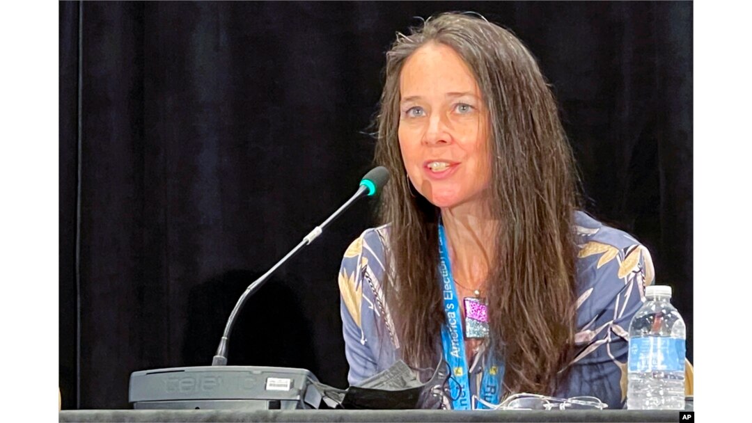 FILE - Jen Easterly, director of Department of Homeland Security's Cybersecurity and Infrastructure Security Agency, speaks in Des Moines, Iowa, Aug. 14, 2021.