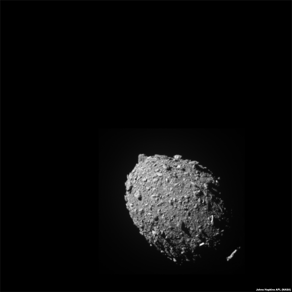 Asteroid moonlet Dimorphos as seen by the DART spacecraft 11 seconds before impact, Sept. 26, 2022.