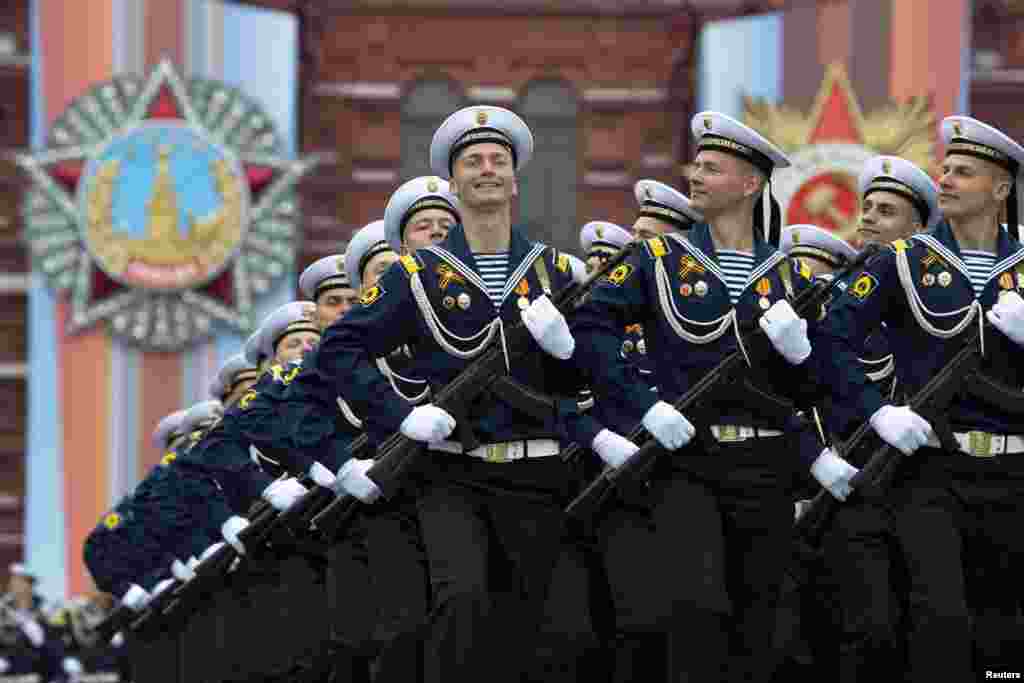 Russian troops march during the Victory Day military parade to celebrate 74 years since the victory in WWII in Red Square in Moscow, Russia.