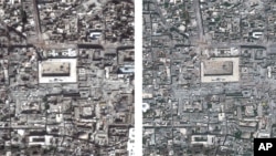 Left: Great Mosque of Aleppo, Syria (a UNESCO world heritage site), on March 1, 2013; right: on May 26, 2013, (composite satellite photo made available by Amnesty International on August 7, 2013).