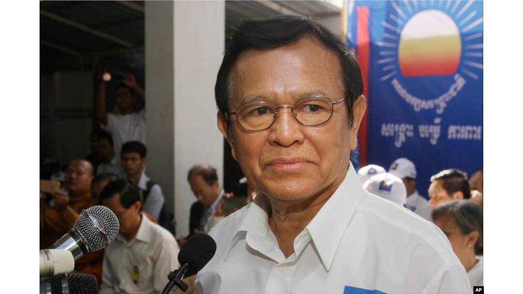 FILE - Opposition party Cambodia National Rescue Party (CNRP) President Kem Sokha adressess party supporters during the party's political congress in Phnom Penh, Cambodia, March 2, 2017.
