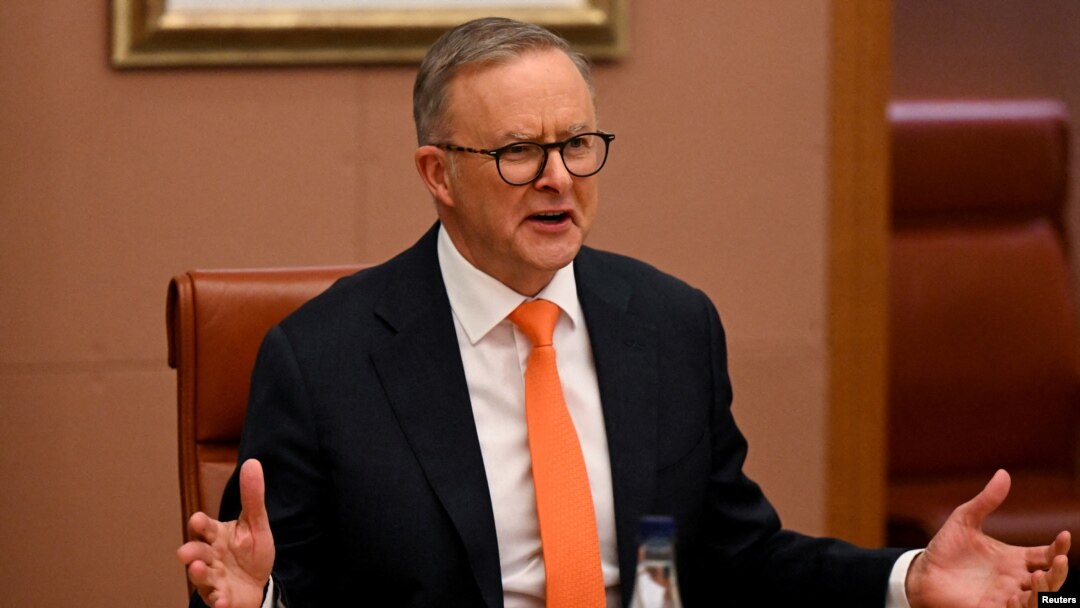 FILE - Australian Prime Minister Anthony Albanese speaks during a meeting with Prime Minister of Singapore Lee Hsien Loong at Parliament House in Canberra, Tuesday, Oct. 18, 2022. 