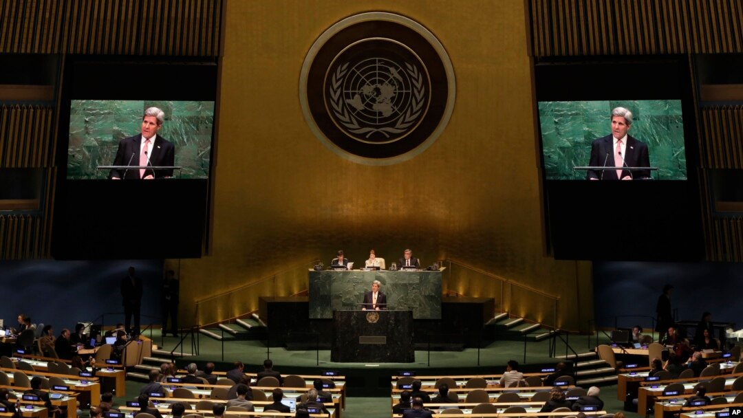 지난 2015년 4월 뉴욕 유엔 본부에서 열린 핵확산금지조약(NPT) 평가 회의에서 존 케리 미 국무장관이 연설하고 있다.