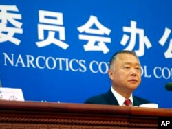 中國國際禁毒委員會副主任劉躍進在記者會上。（2019年9月3日）