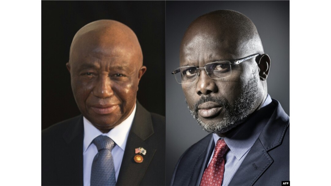 This combination of pictures created Oct. 16, 2017 shows, at left, Liberia's Vice President Joseph Boakai on Aug. 5, 2014, and former football player and candidate in Liberia's presidential elections, George Weah, Sept. 25, 2017.