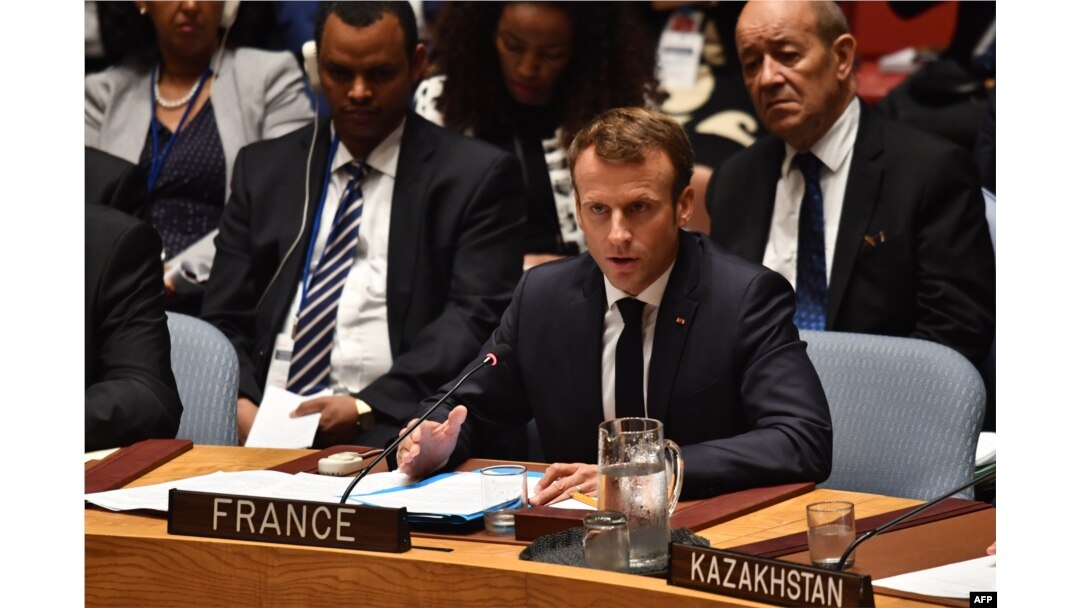 French President Emmanuel Macron speaks during the United Nations Security Council briefing on counterproliferation at the United Nations in New York on the second day of the UN General Assembly, Sept. 26, 2018.