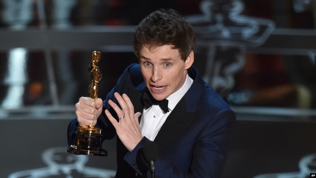 Eddie Redmayne accepts the award for best actor in a leading role for “The Theory of Everything” at the Oscars on Sunday, Feb. 22, 2015,
