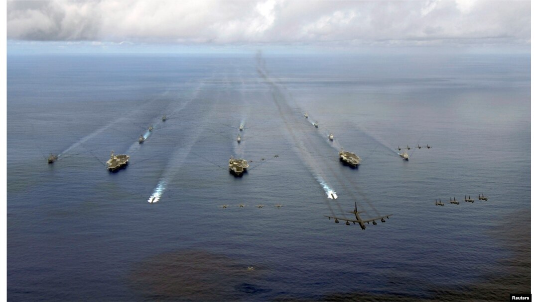 FILE - The USS Nimitz, USS Kitty Hawk and USS John C. Stennis Carrier Strike Groups transit in formation during Valiant Shield 2007 in the Pacific Ocean in this Aug. 14, 2007 photo.