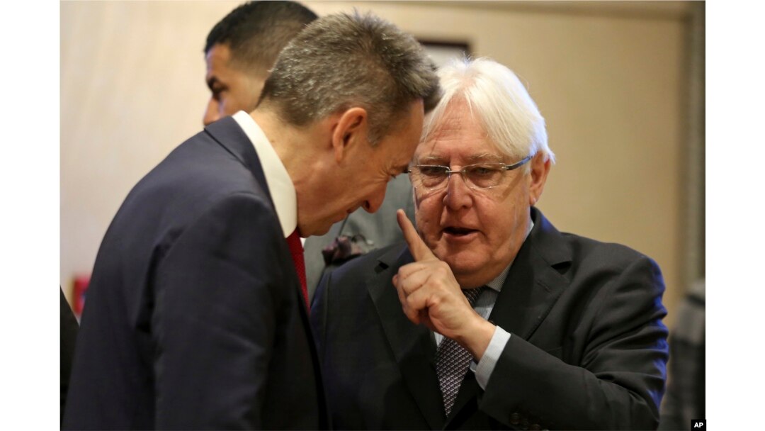 United Nations Special Envoy to Yemen Martin Griffiths, right, speaks to President of the International Committee of the Red Cross (ICRC), Peter Maurer, during talks on Yemen, in Amman, Jordan, Tuesday, Feb. 5, 2019.