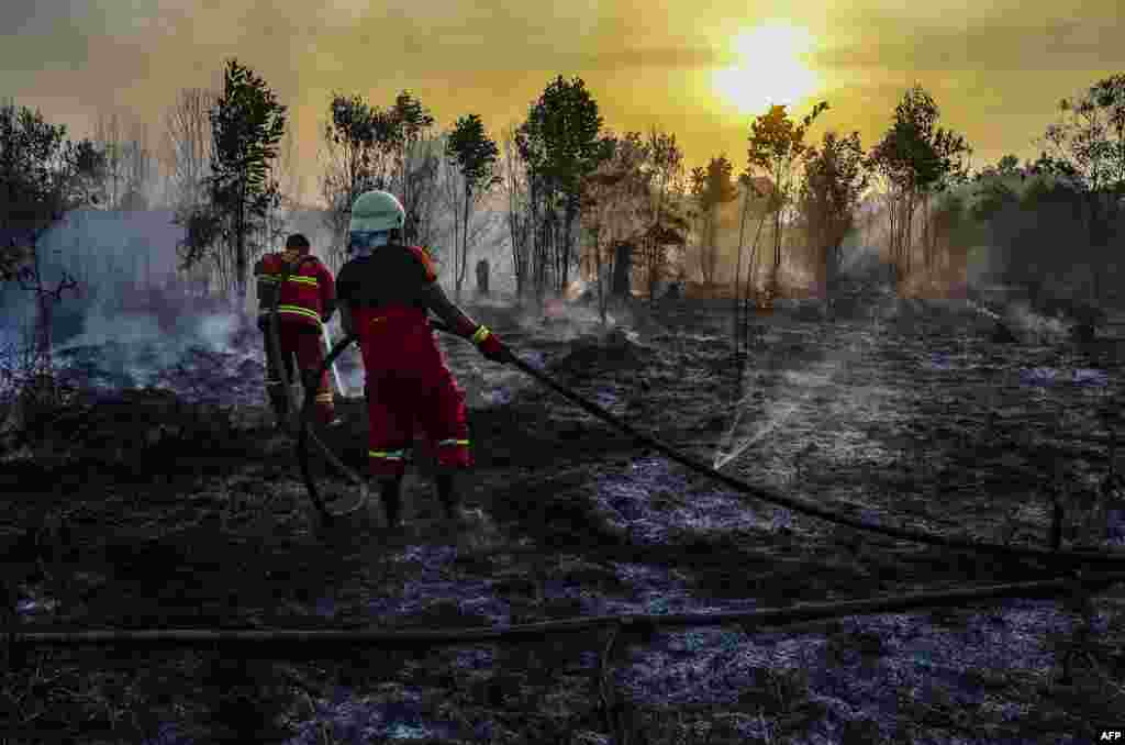Firefighters extinguish a fire in Kampar, Riau province on Indonesia's Sumatra island.