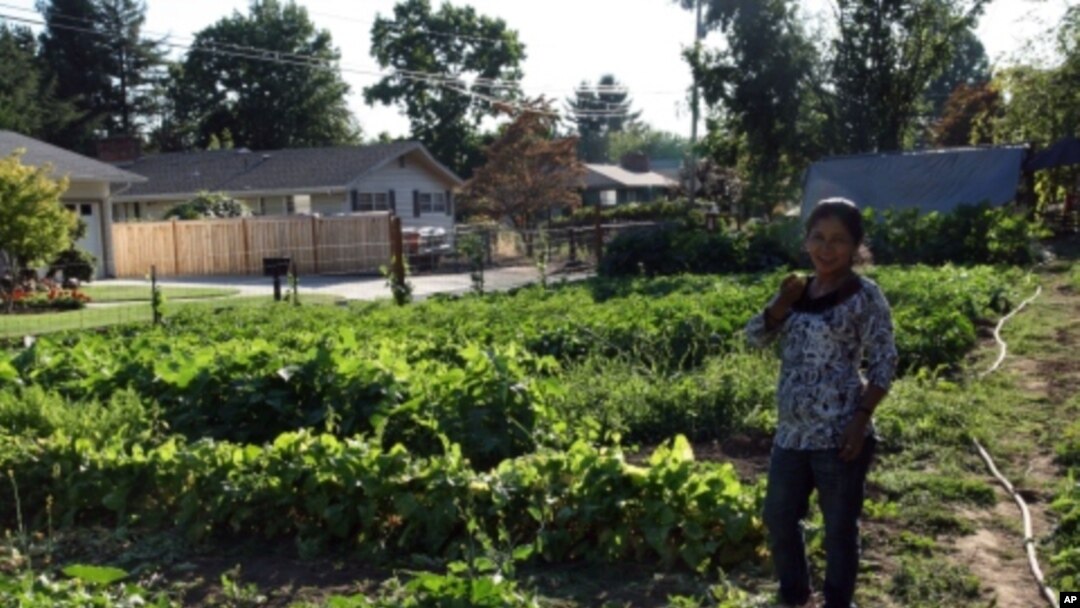 Farmer Pabi Tiwari, who moved to Oregon from a Nepalese refugee camp, enjoys a lemon cucumber fresh from the fields.