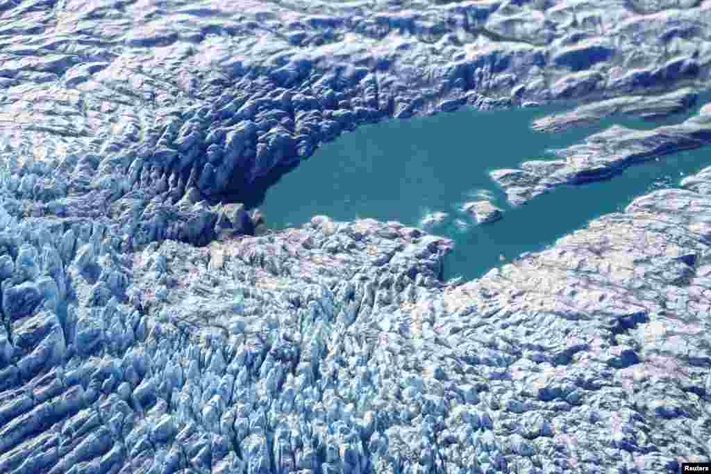 An aerial view shows geological formations as recorded by NASA's IceBridge Operation near Kangerlussuaq, Greenland.