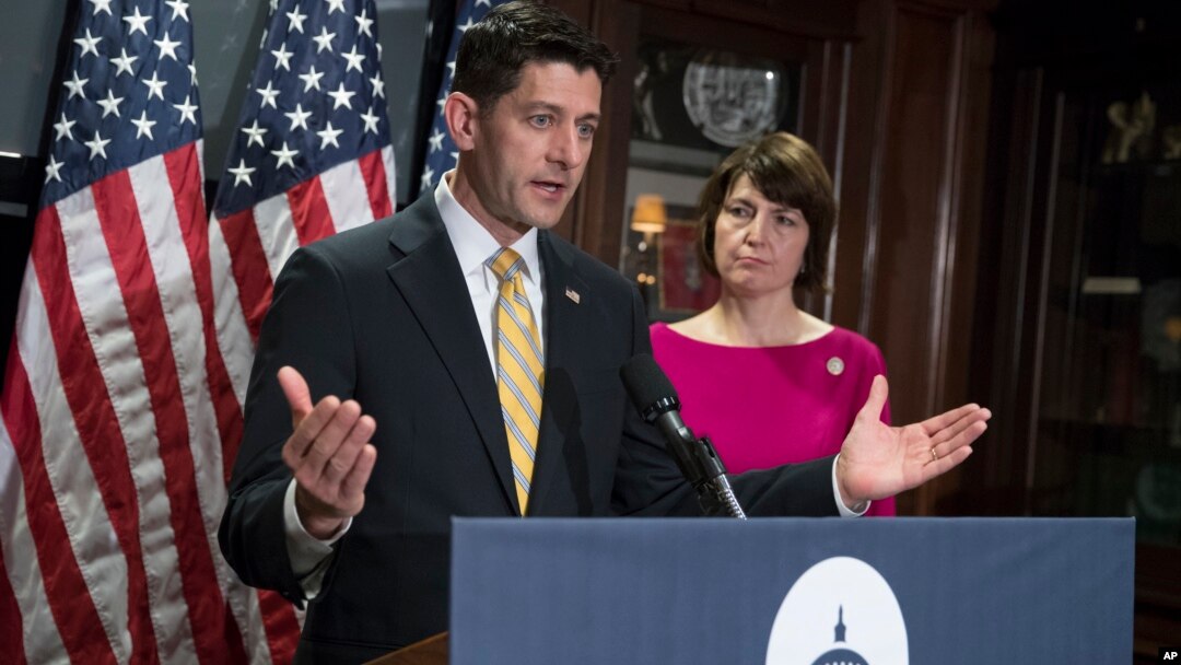 FILE - House Speaker Paul Ryan of Wisconsin, accompanied by Rep. Cathy McMorris Rodgers, R-Wash., takes questions from reporters at Republican National Committee Headquarters in Washington, May 17, 2017.