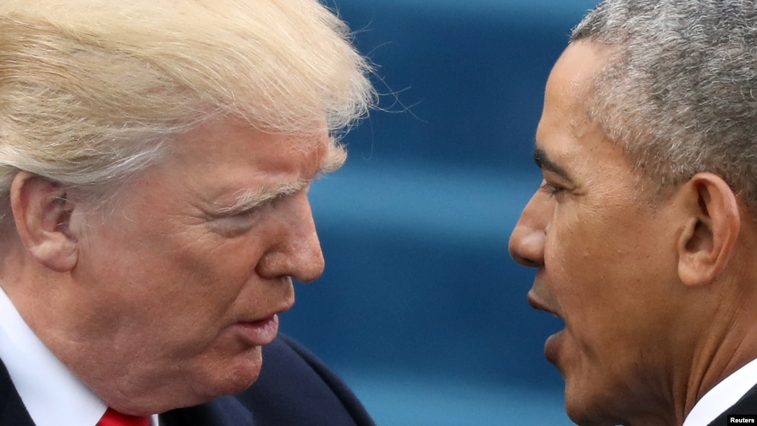 U.S. President Barack Obama, right, greets President-elect Donald Trump at inauguration ceremonies swearing in Trump as president on the West front of the U.S. Capitol in Washington, Jan. 20, 2017.