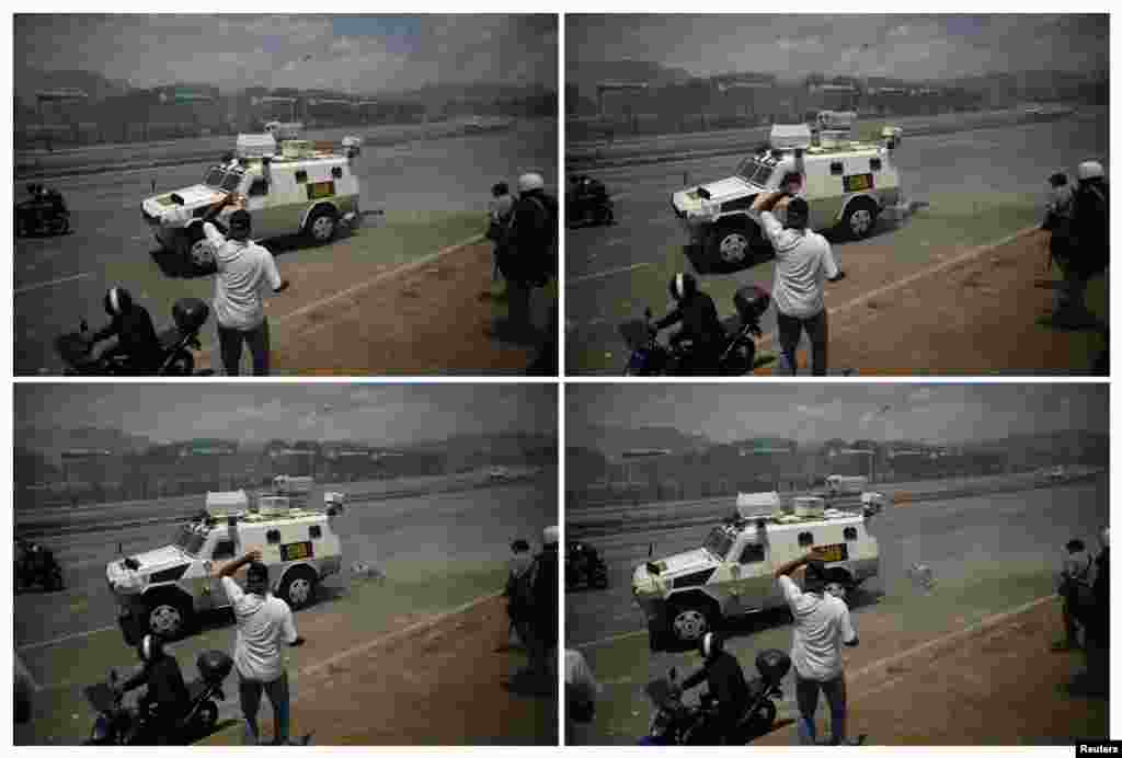 A combination photo of an opposition demonstrator being run over by a Venezuelan National Guard (GNB) vehicle on a street near the Generalisimo Francisco de Miranda Airbase "La Carlota" in Caracas.