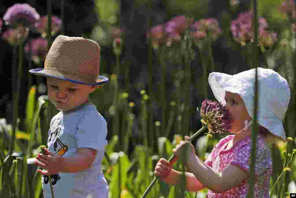 One-year-old Freddie and Martha explore the new Children's Garden at Kew Gardens in London.
