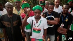 FILE - Members of the Biafran separatist movement are seen gathered at an event in Umuahia, Nigeria, May 28, 2017.