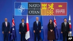 Australia's Prime Minister Anthony Albanese, Japan's Prime Minister Fumio Kishida, NATO Secretary General Jens Stoltenberg, New Zealand's Prime Minister Jacinda Ardern and South Korea's President Yoon Suk Yeol, from left, at the Madrid NATO summit. (AP/Manu Fernandez)