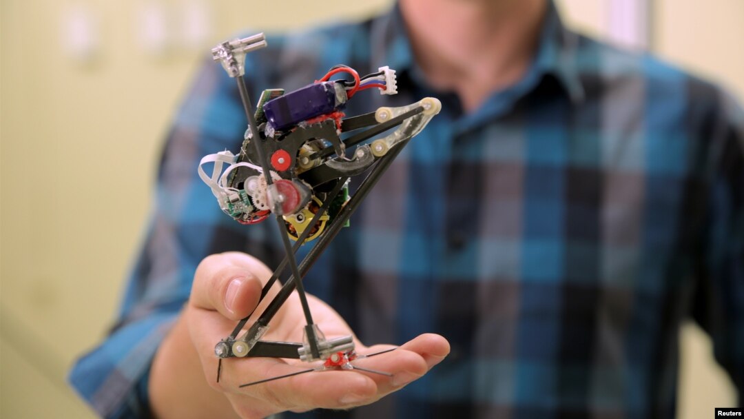 Researchers at the University of California, Berkeley, dubbed this robot Salto for its vertical jumping agility. Shown in a Nov. 17, 2016, photo, Salto features a motorized, spring-loaded leg mechanism that lets the robot to crouch and leap.