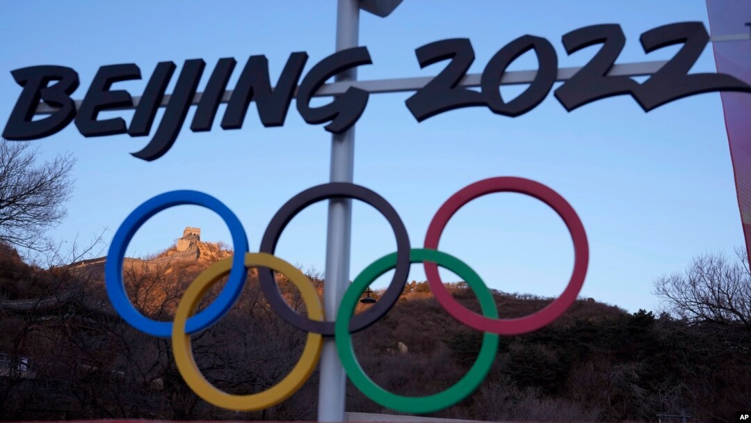 The Badaling section of the Great Wall of China is framed by the Olympic Rings on the outskirts of Beijing, China, on Feb. 8, 2022.
