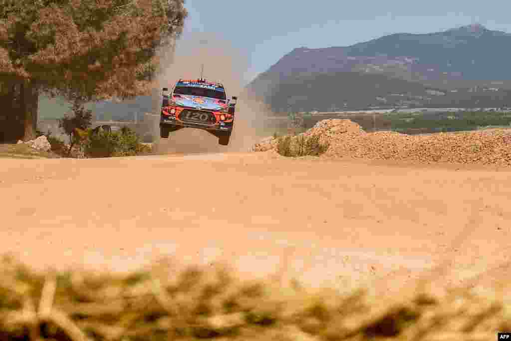 Norwegian driver Andreas Mikkelsen steers his Hyundai Shell Mobis WRT with Norwegian co-driver Anders Jaeger, during the Shakedown stage of the Rally of Sardinia near Olmedo, Italy.