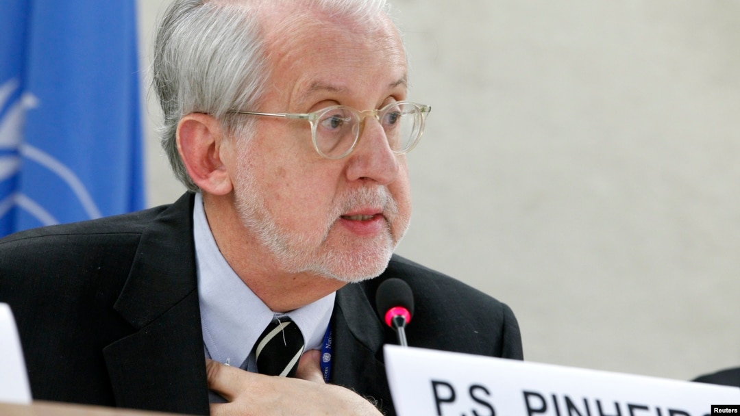 FILE - Independent investigator on war crimes in Syria Paulo Pinheiro addresses U.N. Human Rights Council in Geneva, March 17, 2015. 