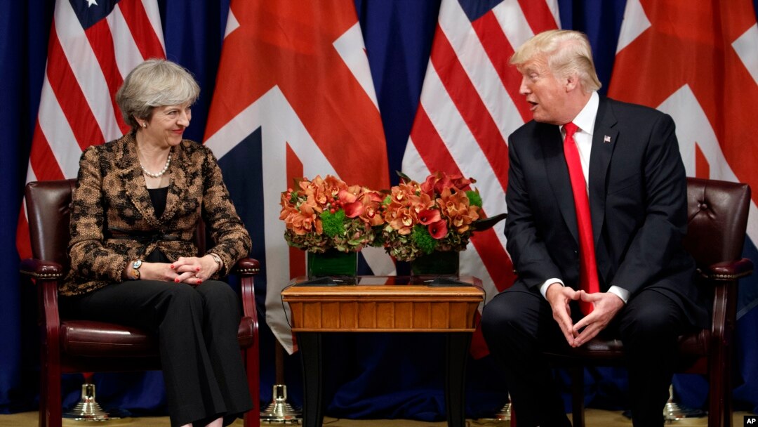 President Donald Trump meets with British Prime Minister Theresa May at the Palace Hotel during the United Nations General Assembly, Sept. 20, 2017, in New York. 