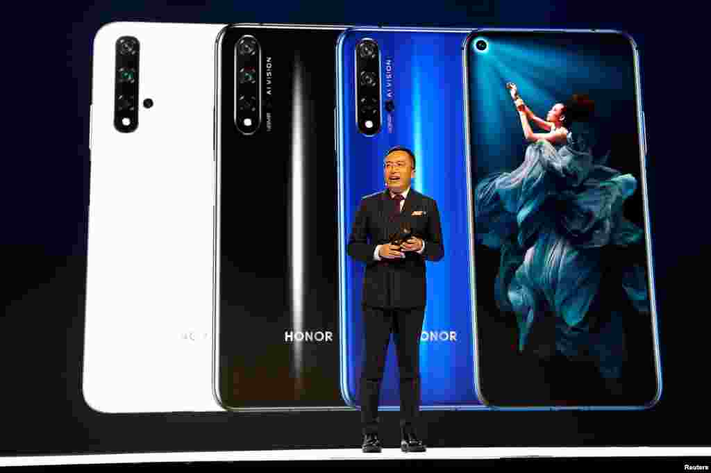 President of Huawei's Honor brand, George Zhao, launches the Honor 20 range of smartphones at an event in London.