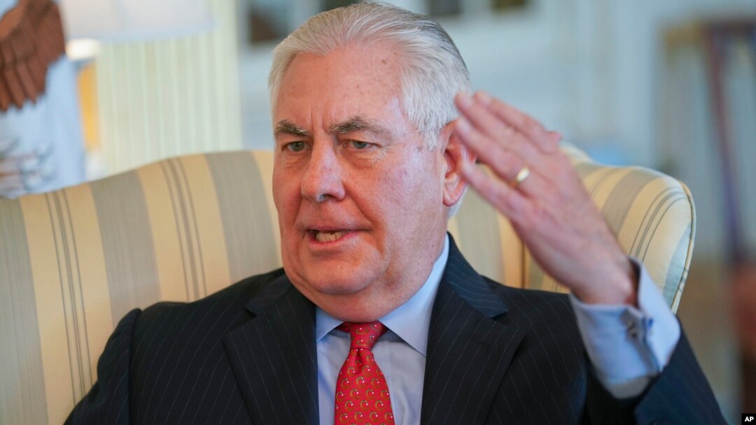 Secretary of State Rex Tillerson gestures during a interview with the Associated Press at the State Department in Washington, Jan. 5, 2018.