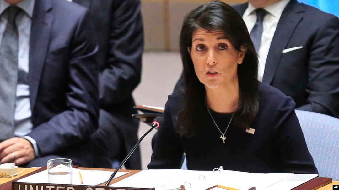United Nations U.S. Ambassador Nikki Haley addresses a U.N. Security Council meeting on North Korea, Sept. 4, 2017 at U.N. headquarters.