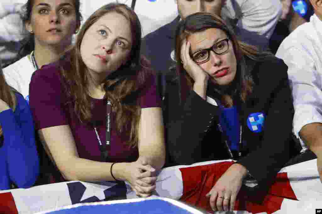 Guests watch early results during Democratic presidential nominee Hillary Clinton's election night rally in the Jacob Javits Center glass enclosed lobby in New York, Nov. 8, 2016.
