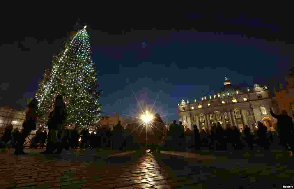The Vatican Christmas tree is lit up after a ceremony in Saint Peter's Square at the Vatican.