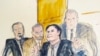 In this courtroom drawing, Joaquin "El Chapo" Guzman, second from right, gestures a "thumbs up" as he leaves the courtroom, Feb. 12, 2019, in New York. The notorious Mexican drug lord lost his bid for a new trial, July 3, 2019.