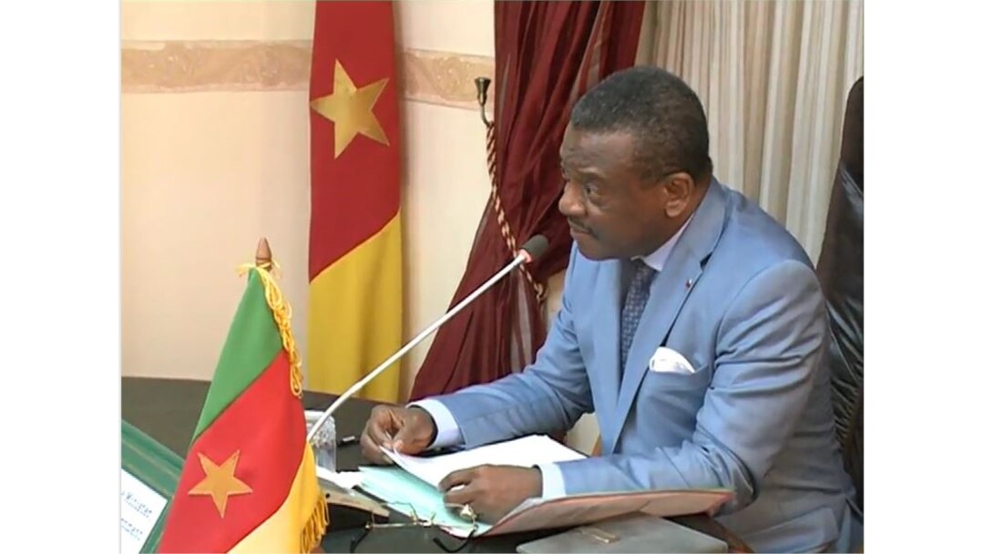 Cameroon Prime Minister Joseph Dion Ngute speaks during a meeting on the country's reconstruction, in Yaounde, Dec. 5, 2019. (Moki Edwin Kindzeka/VOA)