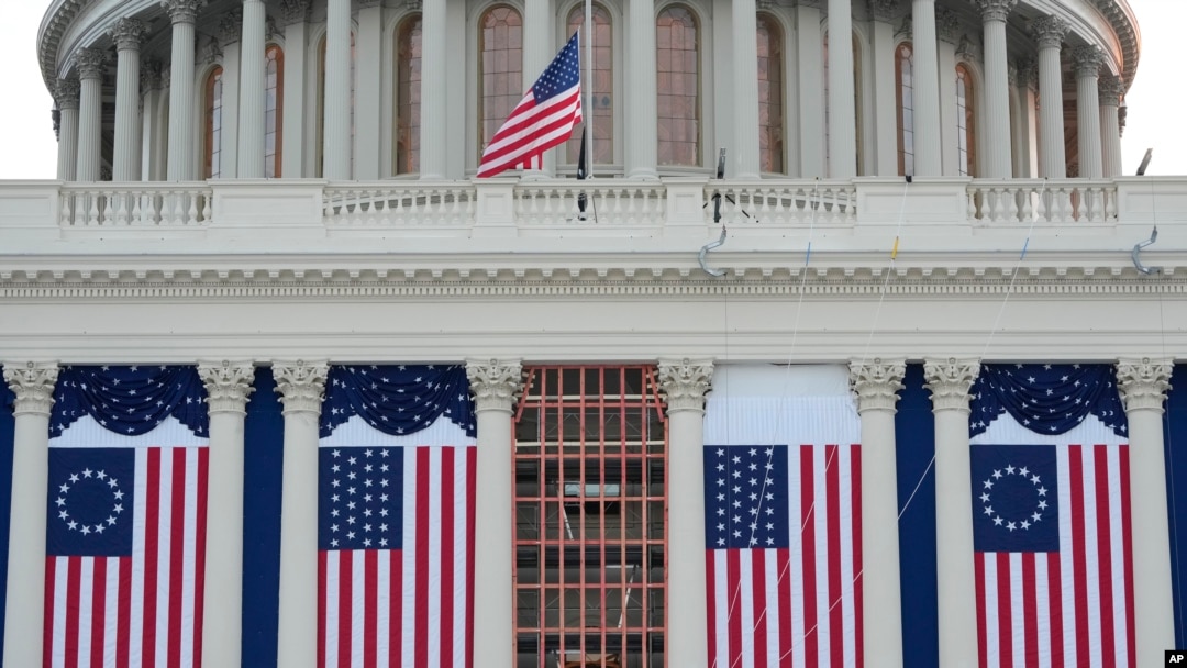 Flags hang in place on the West Front of the U.S. Capitol ahead of President-elect Donald Trump's inauguration, in Washington, Jan. 12, 2025.