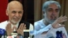 FILE - Afghan presidential candidate Ashraf Ghani (left) at press conference on July 5, 2014. Rival presidential candidate Abdullah Abdullah at a press conference at his residence on July 6, 2014. 
