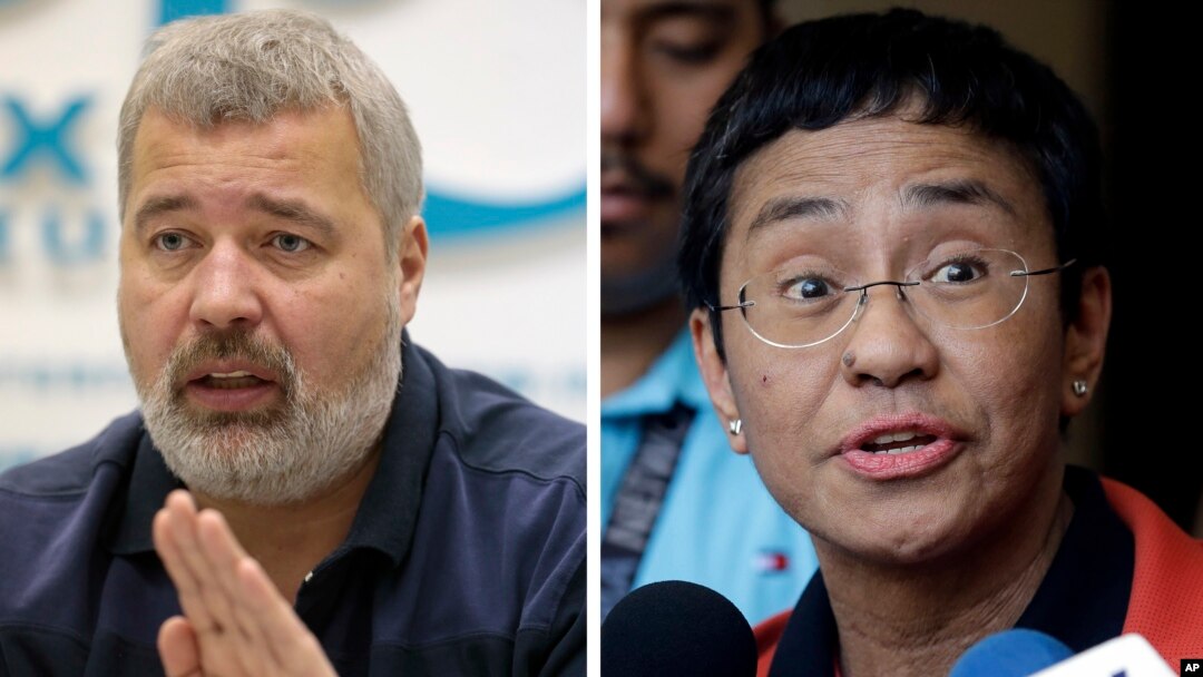 FILE - A combo of file images of Novaya Gazeta editor Dmitry Muratov, left, and Rappler CEO and Executive Editor Maria Ressa. On Oct. 8, 2021 the Nobel Peace Prize was awarded to Ressa and Muratov for their fight for freedom of expression.