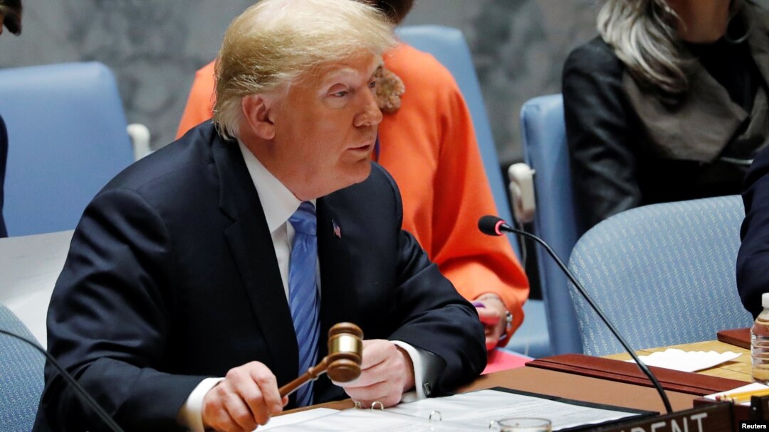 U.S. President Donald Trump, representing the United States as current President of the United Nations Security Council, bangs the gavel to open the U.N. Security Council meeting at the 73rd session of the United Nations General Assembly at U.N. headquarters in New York, Sept. 26, 2018.