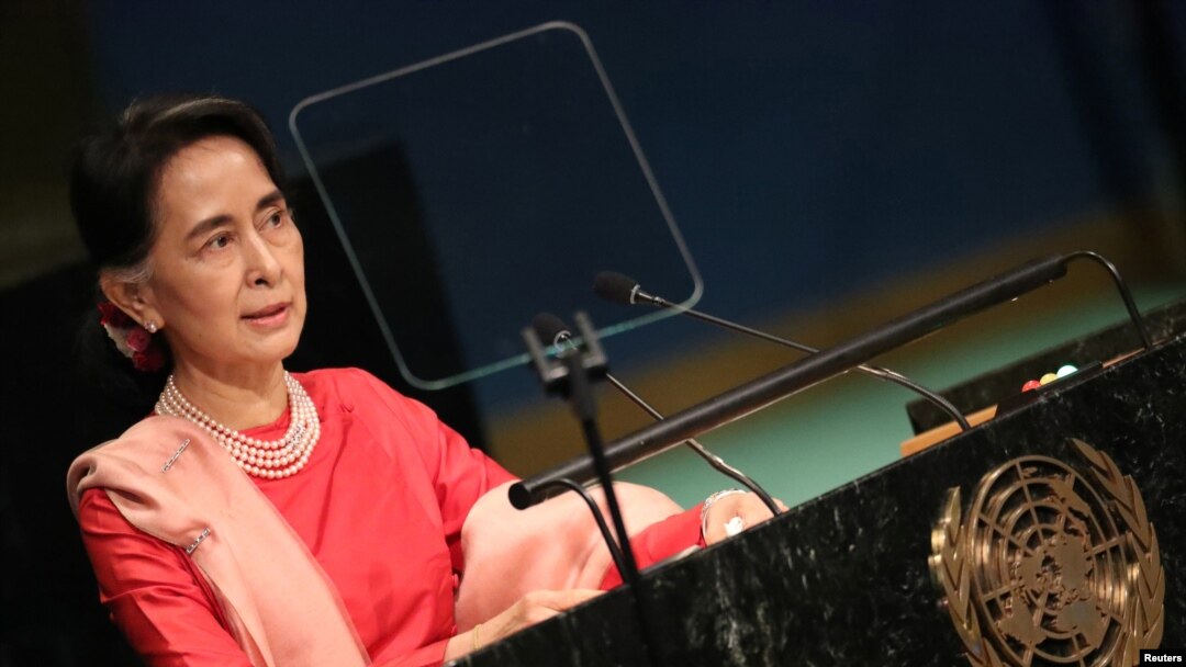 Jagorar kasar Myanmar, Aung San Suu Kyi, a wani lokaci da take jawabi a gaban zauren Majalisar Dinkin Duniya