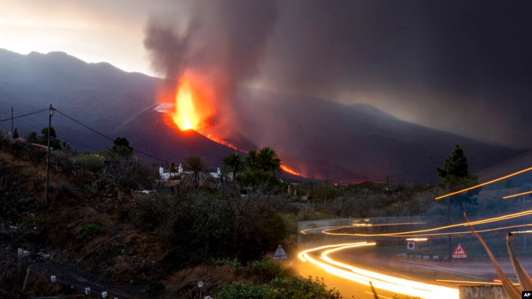 Lava flows from the Cumbre Vieja volcano as it continues to erupt on the Canary island of La Palma, Spain, Oct. 27, 2021.
