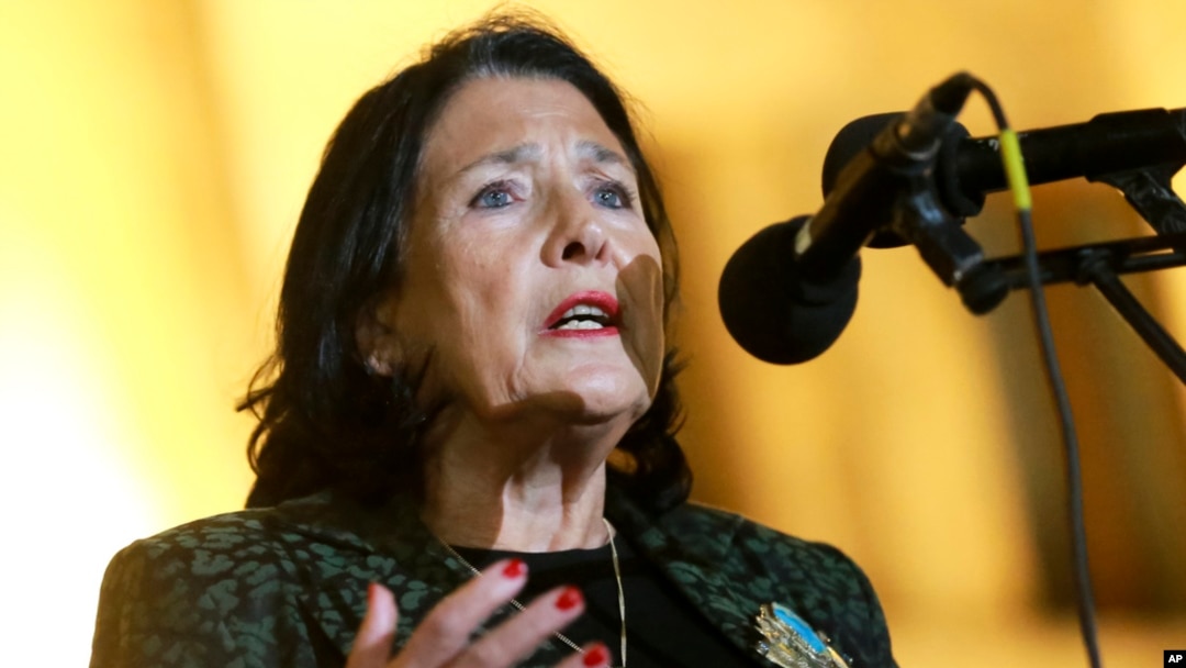 Georgian President Salome Zourabichvili speaks to a crowd during an opposition protest against the results of the parliamentary election in Tbilisi, Georgia, Oct. 28, 2024.